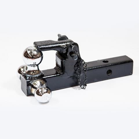 Black trailer hitch with shiny chrome ball mounts on a white background