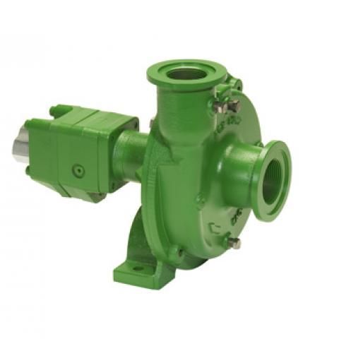 Green industrial pump with motor, shown on white background