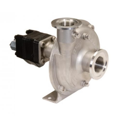 Silver industrial pump with black motor, shown on a white background