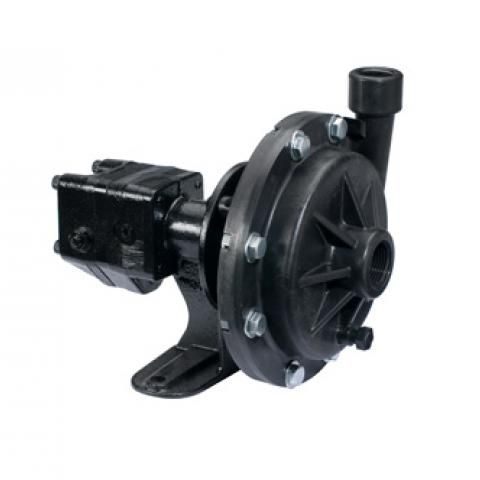 Black water pump with mounting base and hose ports on a white background