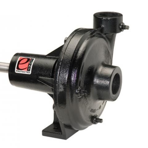 Black centrifugal pump with red-and-white logo, shown on a white background