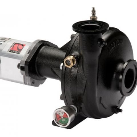 Black mechanical pump with a silver motor on a white background