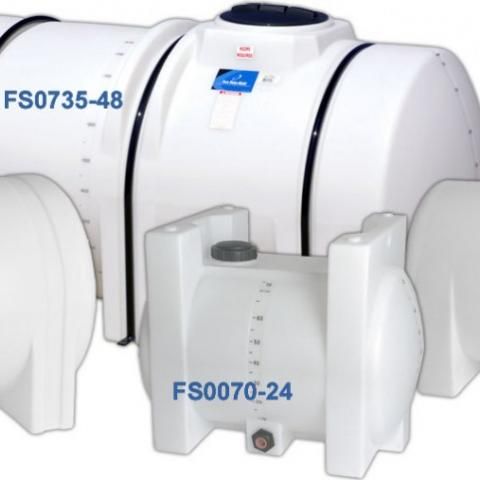 White industrial tanks with blue labels, including FS0735-48 and FS0070-24, shown side by side.