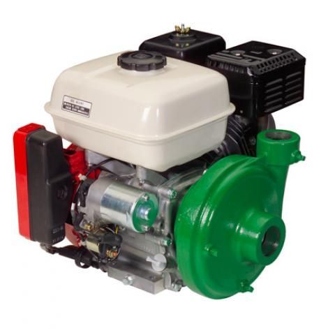 Small gasoline engine with white fuel tank, green housing, and red muffler on a white background