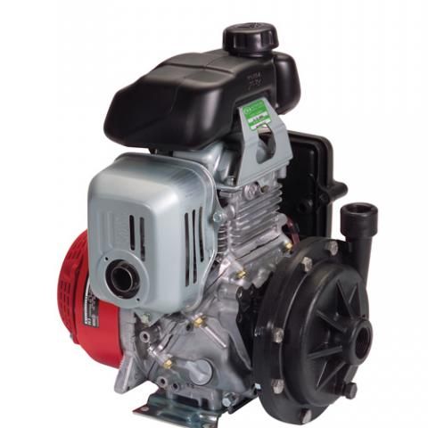 Small gasoline engine with red recoil starter and black tank, shown on a white background