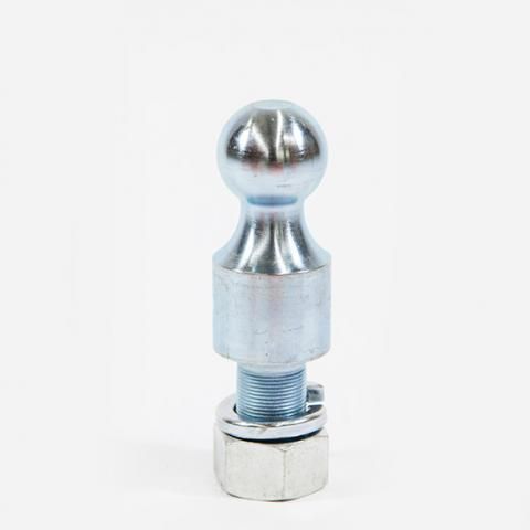 Chrome trailer hitch ball mount with threaded shank and hex nut on a white background