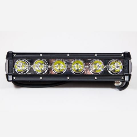 Black LED light bar with six round lamps on a white background