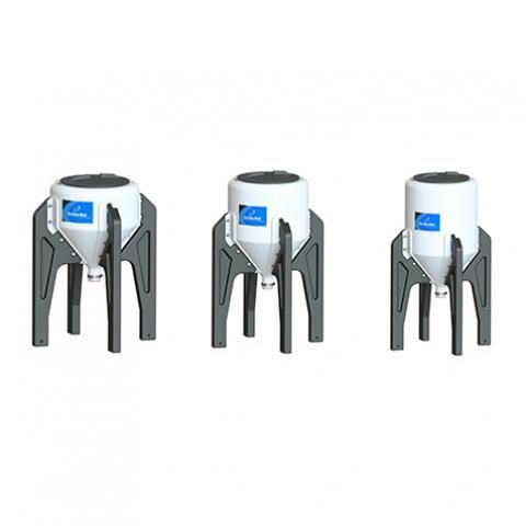 Three views of a gray and white industrial machine with a blue label on a white background