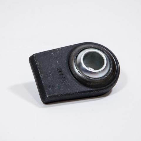 Black metal rod end with silver bearing on a white background