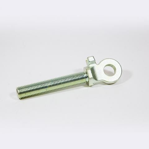 Silver metal eye bolt with threaded shaft on a white background