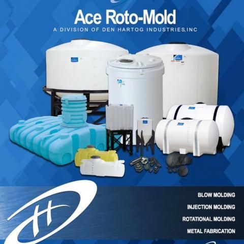 Ace Roto-Mold product display with white and blue plastic storage tanks and containers on a blue background