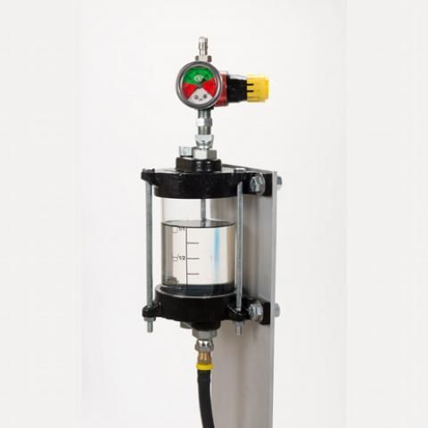 Clear cylinder apparatus with pressure gauge and valves mounted on a metal stand