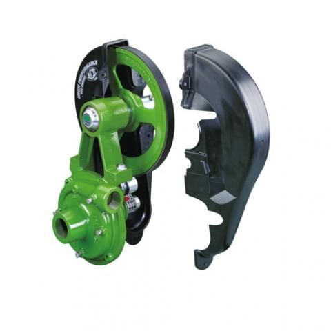 Green-and-black mechanical device with a separate black protective cover on a white background