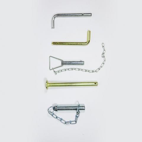 Five metal hitch pins and clips arranged vertically on a white background