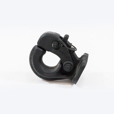 Black metal pipe clamp with a hinged latch on a white background