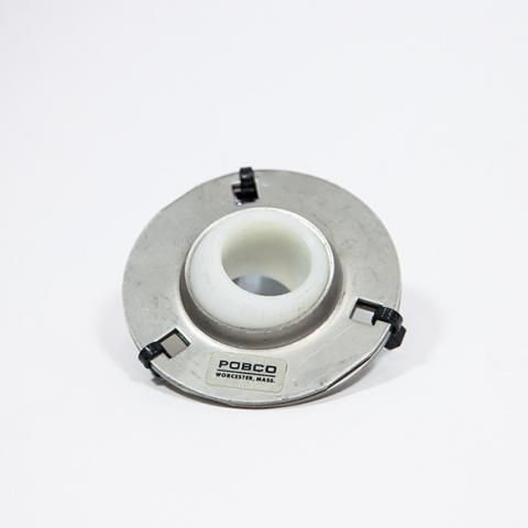 Round metal recessed light fixture with white center and black clips on a white background