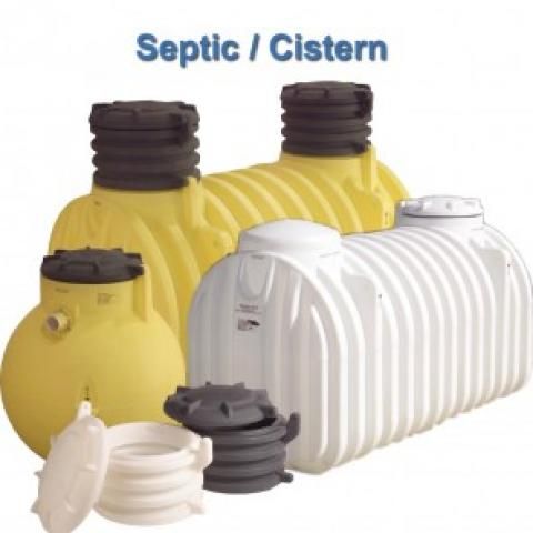 Septic cistern tanks in yellow, white, and black, labeled “Septic / Cistern”