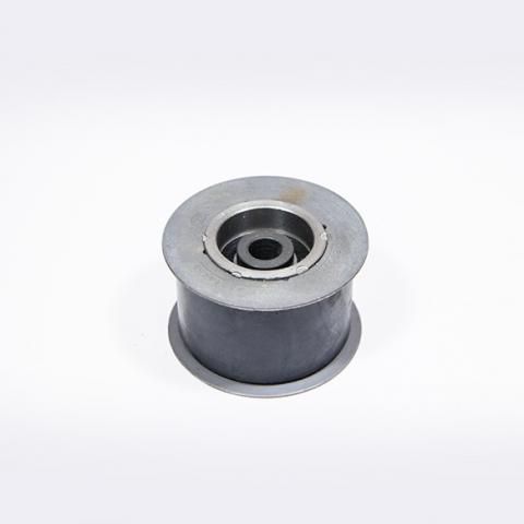 Metal spool-like pulley with a central bearing on a white background
