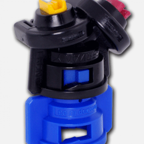 Compact black and blue plastic component with yellow and red accents, shown against a white background