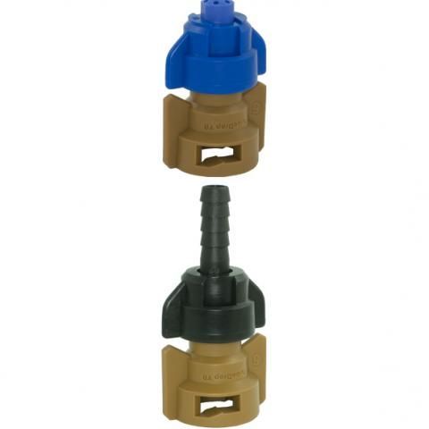 Two plastic pipe fittings, one blue and tan, one black and tan, shown stacked vertically
