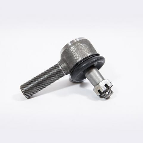 Metal automotive tie rod end on a white background