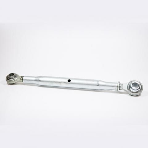 Silver metal automotive suspension control arm on a white background