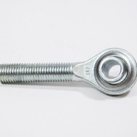 Silver metal rod end bearing with threaded shaft on a white background