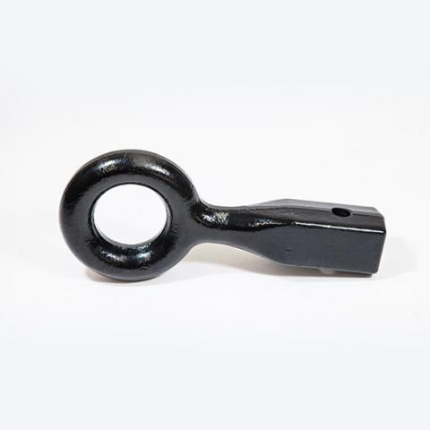 Black metal towing hook with circular eye and flat shank on a white background