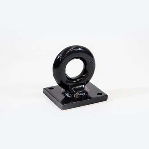Black metal eye bolt on a square mounting plate against a white background