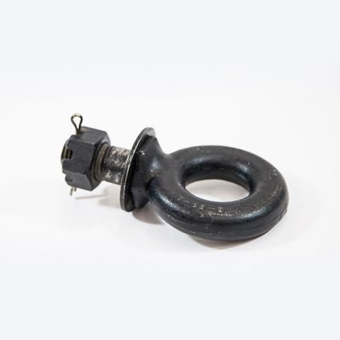 Black metal lifting eye bolt with ring and threaded end on a white background