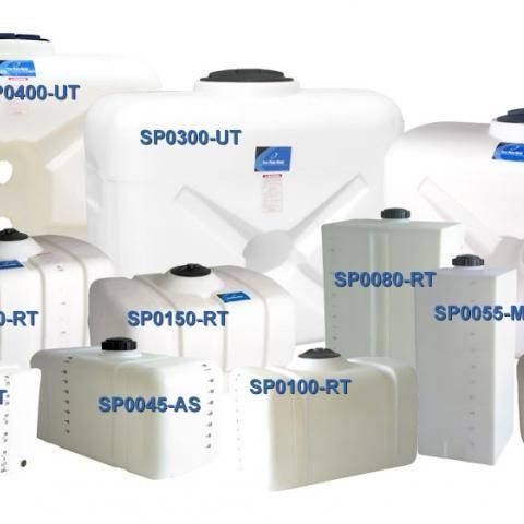 Assorted white and gray plastic water tanks with blue product labels, displayed in a showroom or catalog image