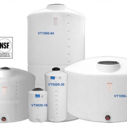Five white NSF water storage tanks of varying sizes on a white background