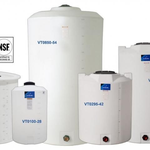 White water heater tanks of varying sizes with blue and red labels on a plain background