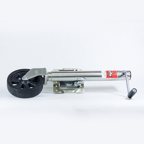 Small metal pneumatic tire changer with black wheel on a white background