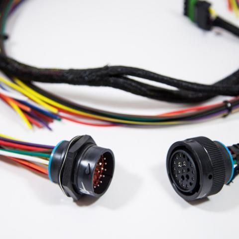 Two circular electrical connectors with multicolored wires on a white background