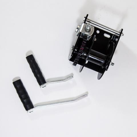 Two black-handled crank levers and a small metal reel mechanism on a white background
