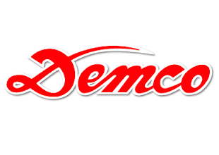 Red cursive Demco logo with a swooping line above it on a white background