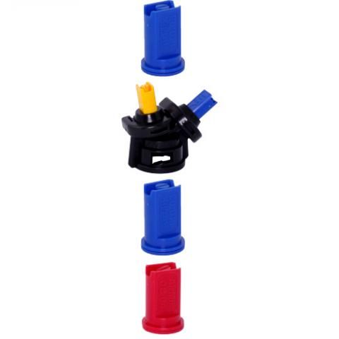 Three plastic nozzles: blue, black with yellow and blue tips, blue, and red on a white background