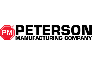 PM Peterson Manufacturing Company logo with red hexagon emblem and bold black text
