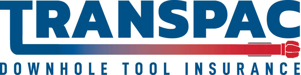 Logo for Transpac Downhole Tool Insurance, featuring blue text with a red drill bit graphic underlined below.