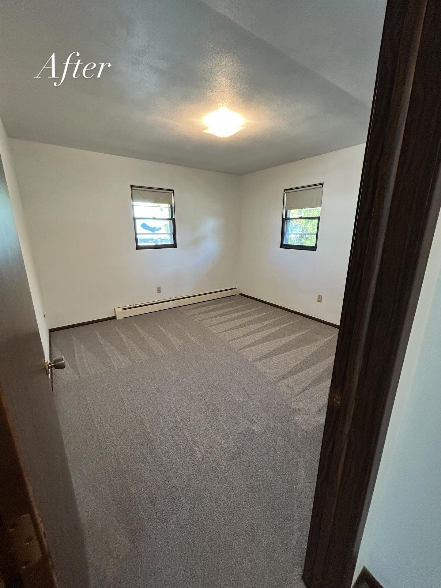 Newly renovated bedroom with gray carpet, white walls, two windows, and a ceiling light.