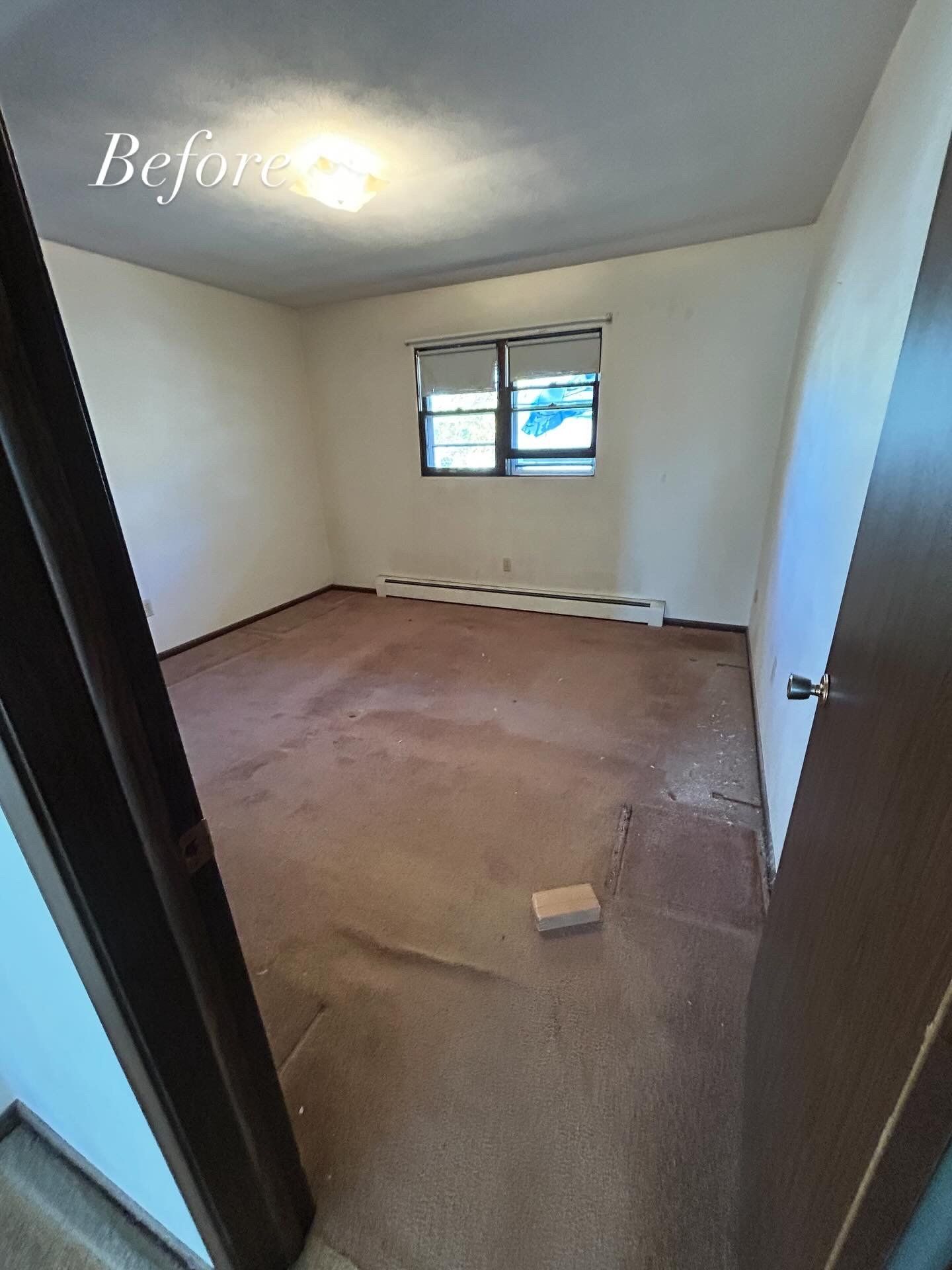A room with brown carpet, window, and door. 