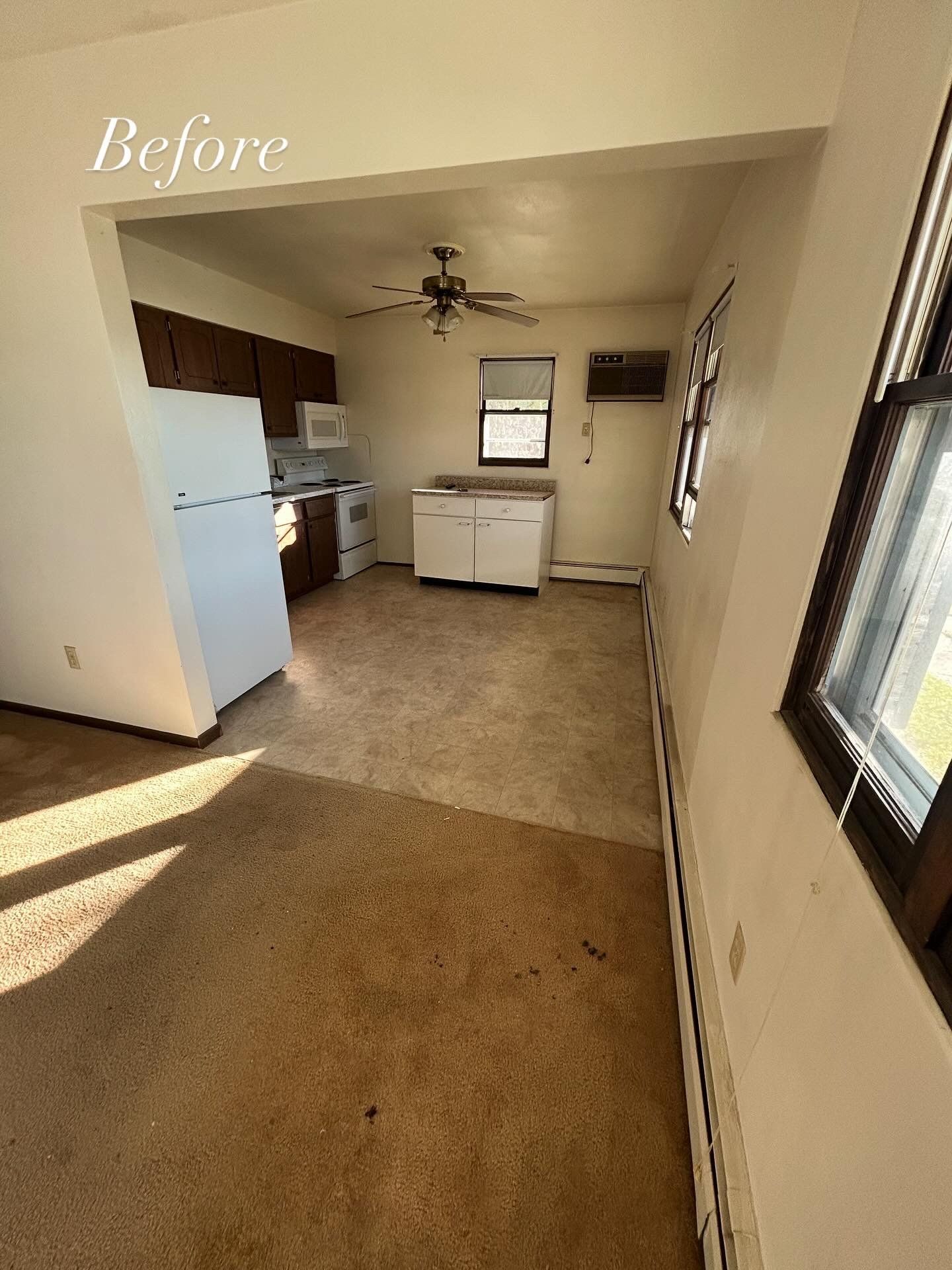 Before picture: Small, dated kitchen with worn flooring, cabinets, and appliances.