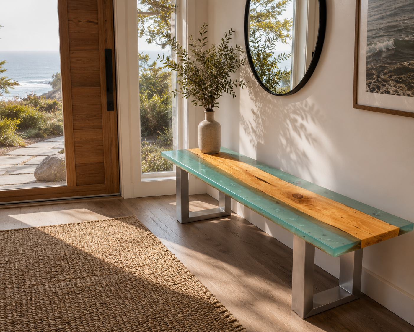 Bright entryway with a turquoise bench, round mirror, vase, and beach view through the doorway.