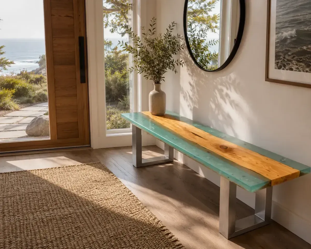Rustic wooden bench with a natural live-edge top in a sunlit living room.