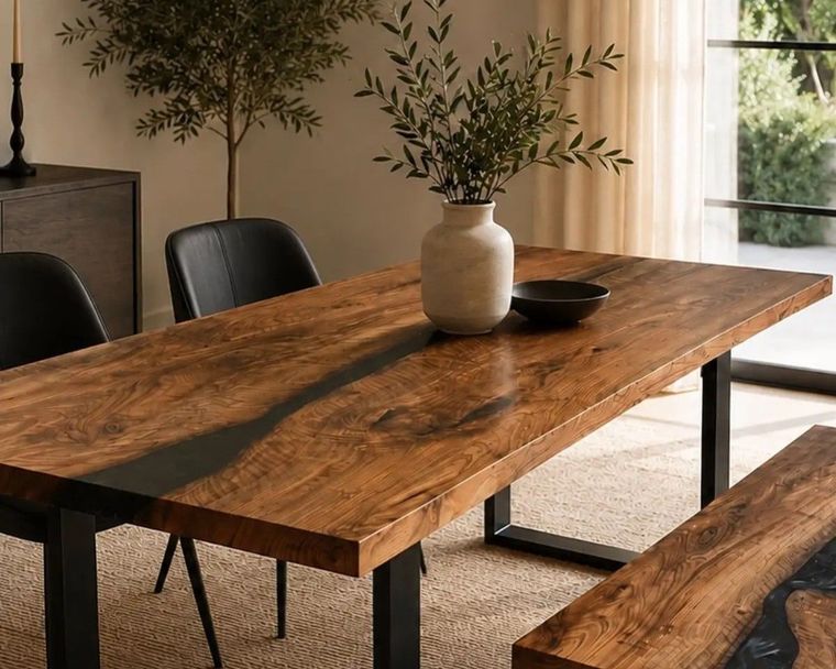 Rustic wooden dining table with vase centerpiece in a bright modern dining room