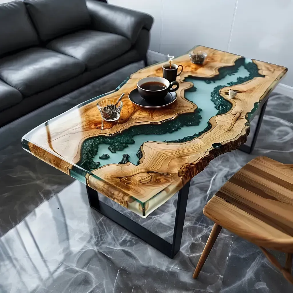 Modern living room with a resin river coffee table, black sofa, and wooden chair