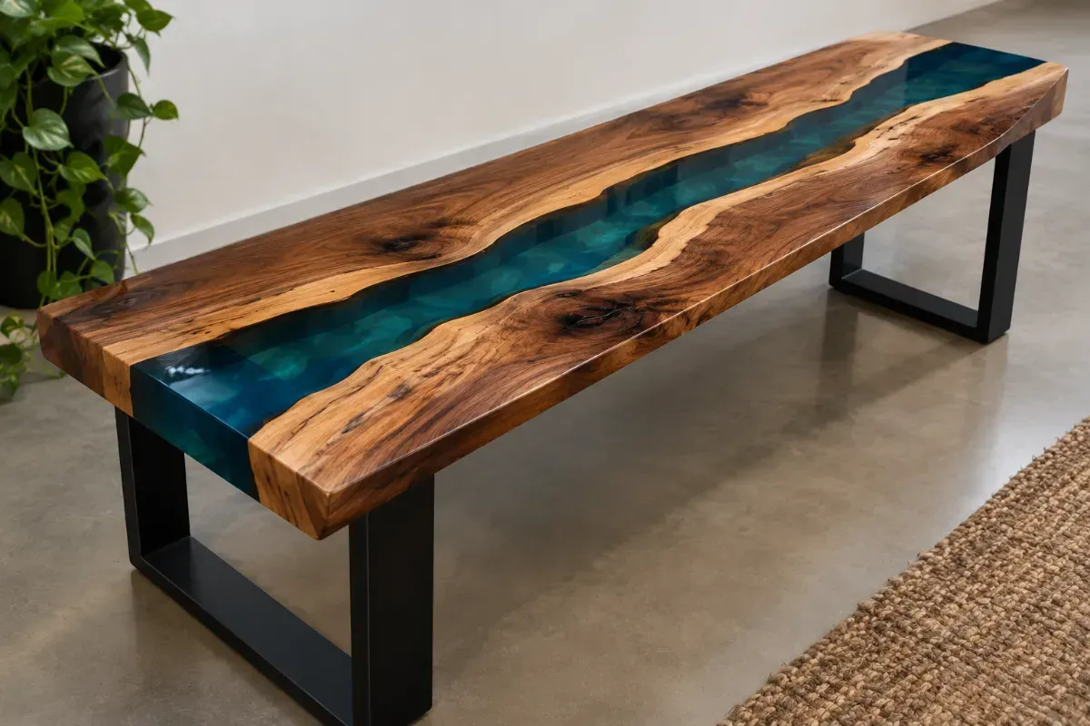 Live-edge wood coffee table with turquoise resin inlay and black metal legs indoors