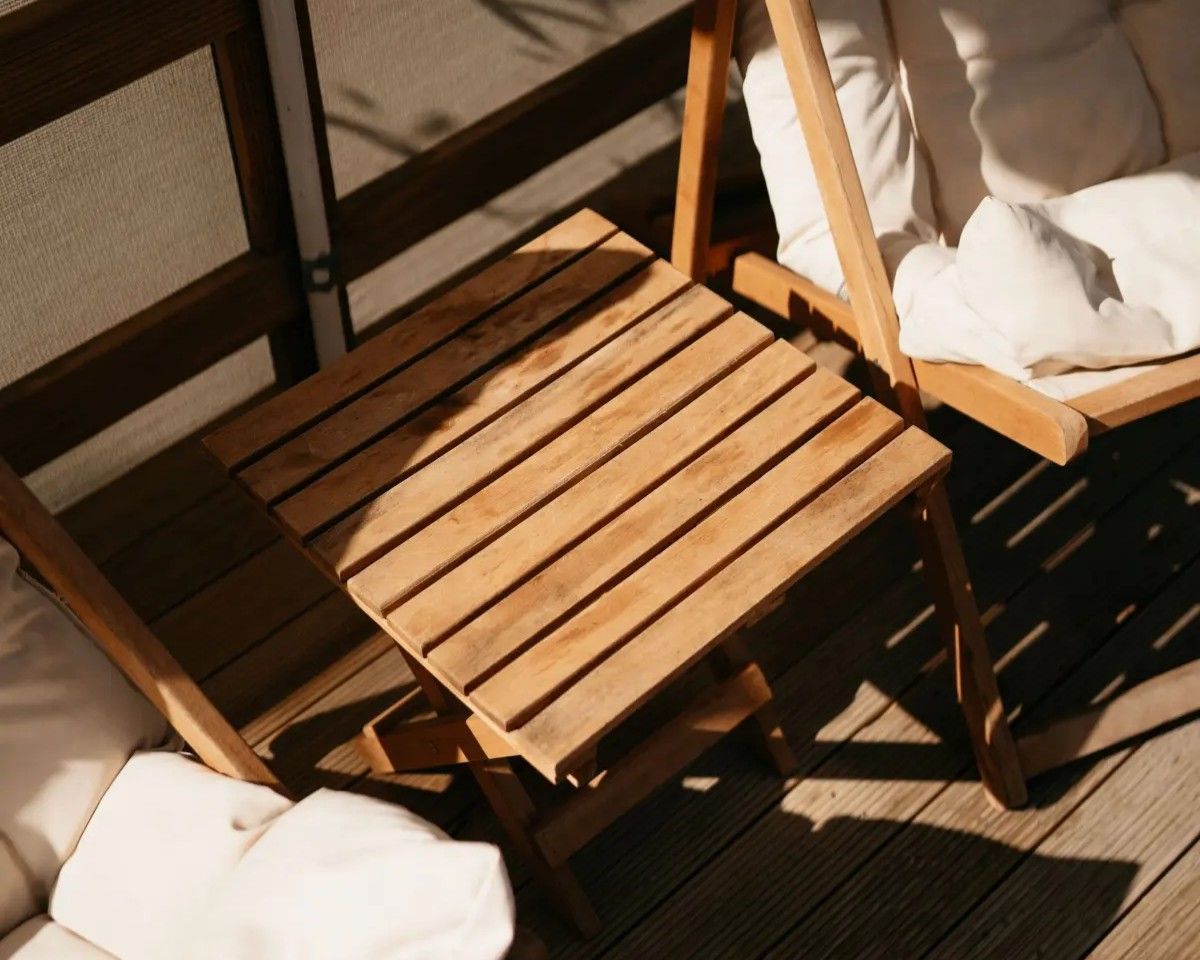 Wooden patio chair and cushioned seats in warm sunlight on a deck