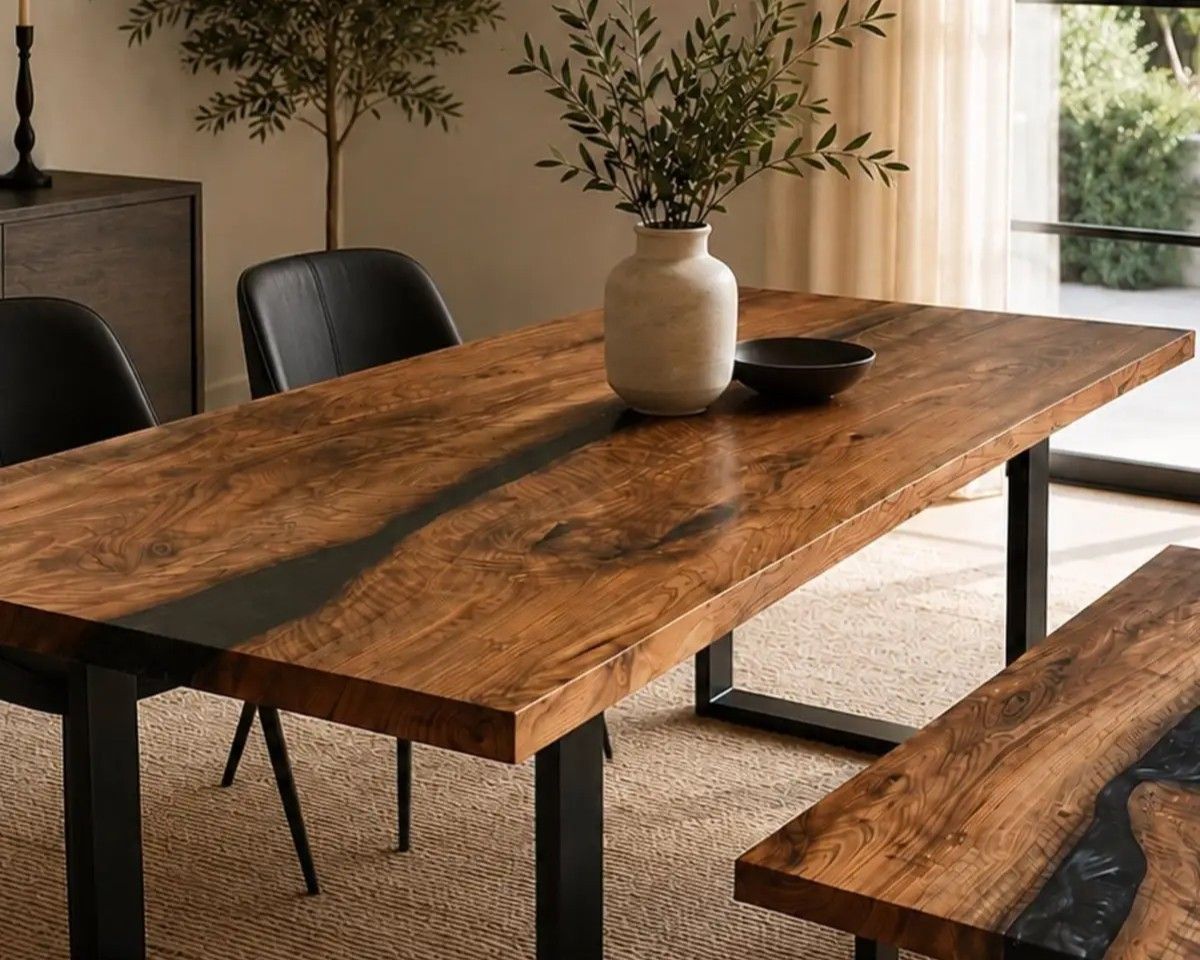 Rustic wooden dining table with black chairs and a vase centerpiece in a bright room